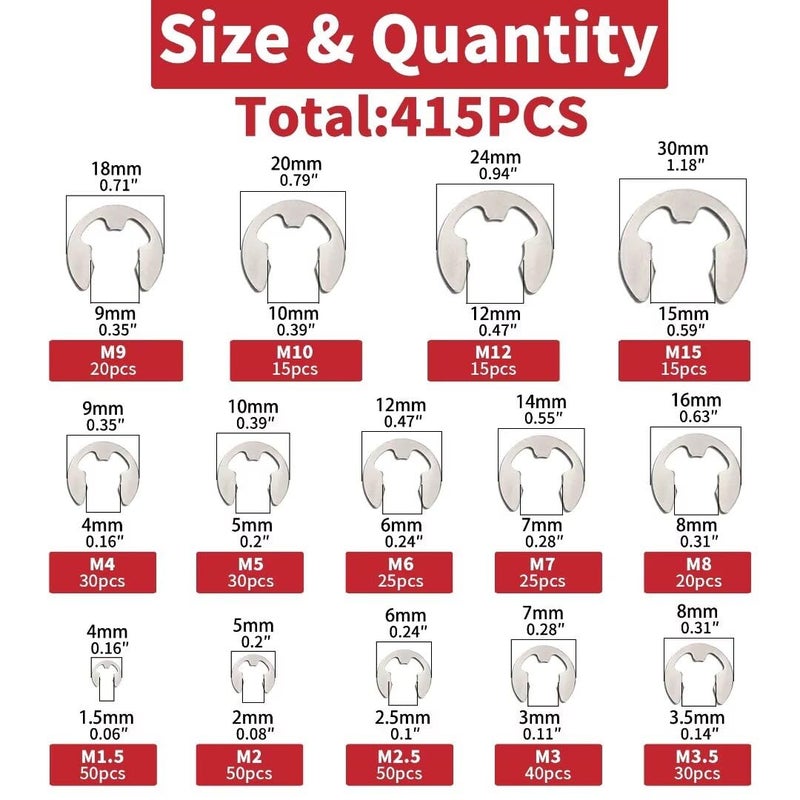 AIMUNOK 415Pcs E-Clip External Retaining Rings Snap Rings Assortment Set, 304 Stainless Steel C-Clip Kit, 14 SAE Sizes Circlip Snap Rings M1.5- M15 - Image 2